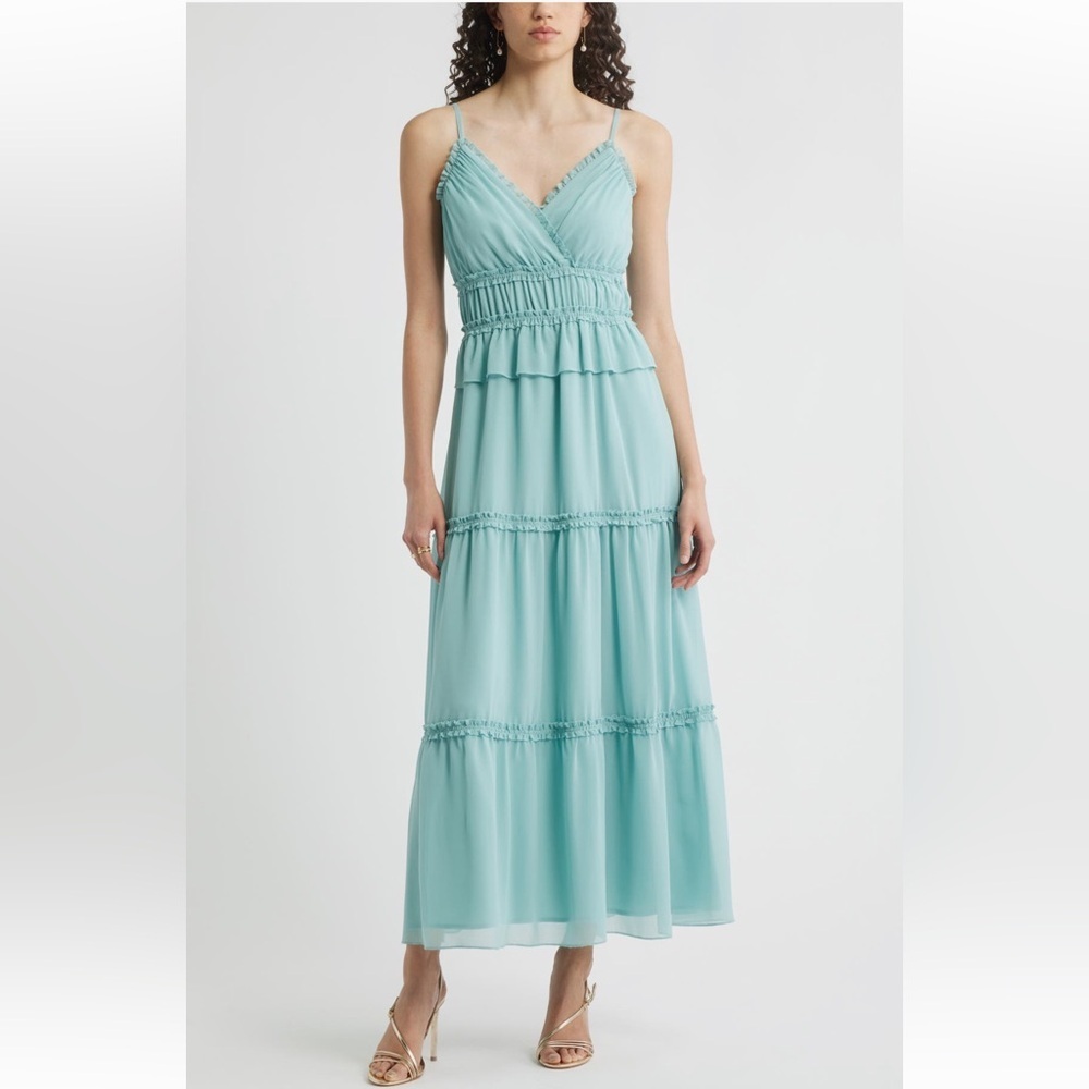 Chelsea28 teal aquifer Micro Ruffle Peplum Maxi Dress